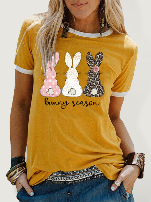Bunny print color contrast short sleeve T-shirt