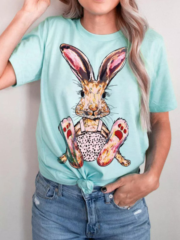 New Ladies Leopard Bunny Easter Explosion Style Urban Casual Short-sleeved T-Shirt Top